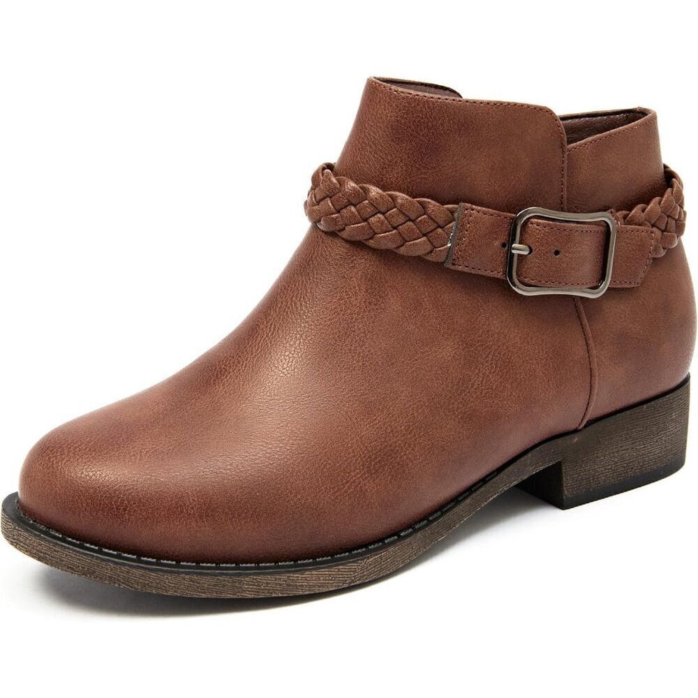 Veittes Women's Brown Comfort Slip On Low Chunky Heel Boot with Buckle Strap